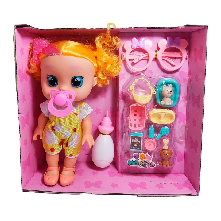 Muñeca Bebe Con Gafas Chupo Mascota Y Accesorios + Tetero