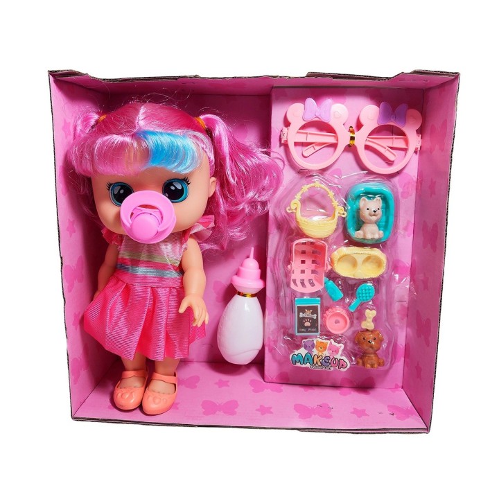 Muñeca Bebe Con Gafas Chupo Mascota Y Accesorios + Tetero