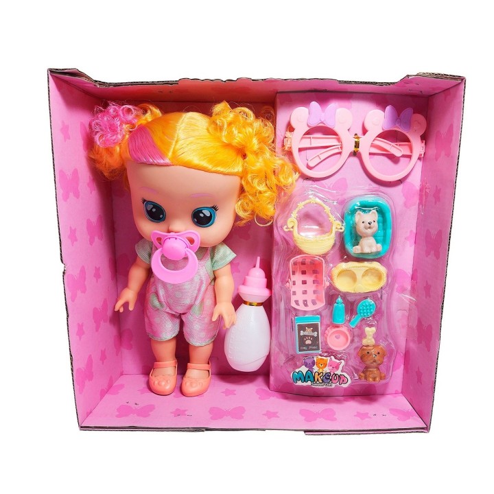 Muñeca Bebe Con Gafas Chupo Mascota Y Accesorios + Tetero