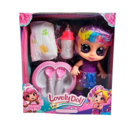 Muñeca Bebe Arcoiris Ojos Expresivos Con Utencilios Y Tetero