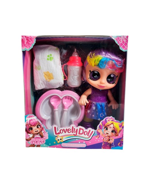 Muñeca Bebe Arcoiris Ojos Expresivos Con Utencilios Y Tetero