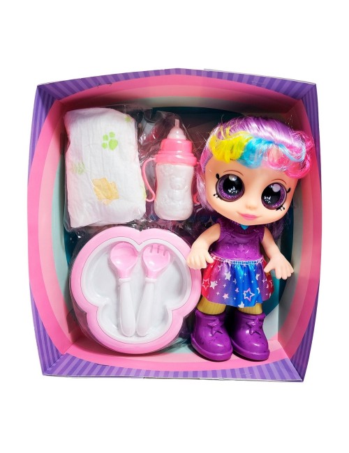 Muñeca Bebe Arcoiris Ojos Expresivos Con Utencilios Y Tetero