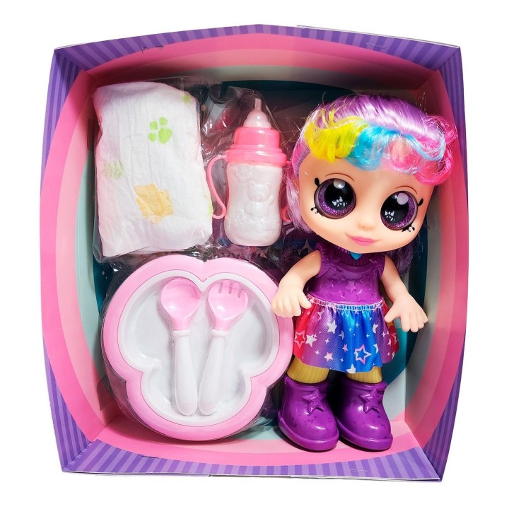 Muñeca Bebe Arcoiris Ojos Expresivos Con Utencilios Y Tetero