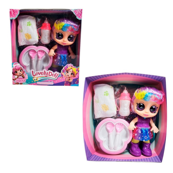 Muñeca Bebe Arcoiris Ojos Expresivos Con Utencilios Y Tetero