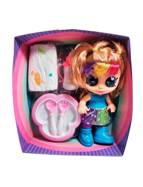 Muñeca Bebe Arcoiris Ojos Expresivos Con Utencilios Y Tetero