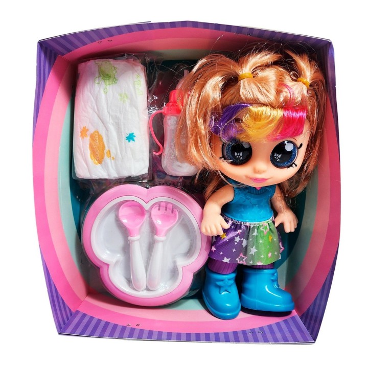 Muñeca Bebe Arcoiris Ojos Expresivos Con Utencilios Y Tetero