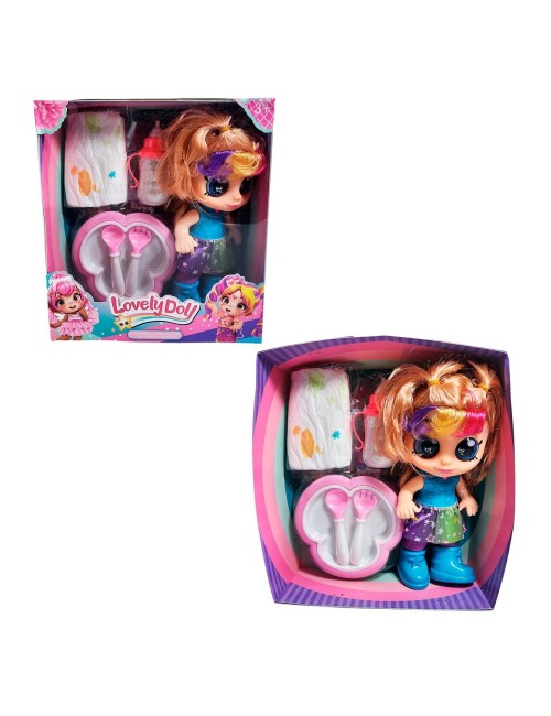 Muñeca Bebe Arcoiris Ojos Expresivos Con Utencilios Y Tetero