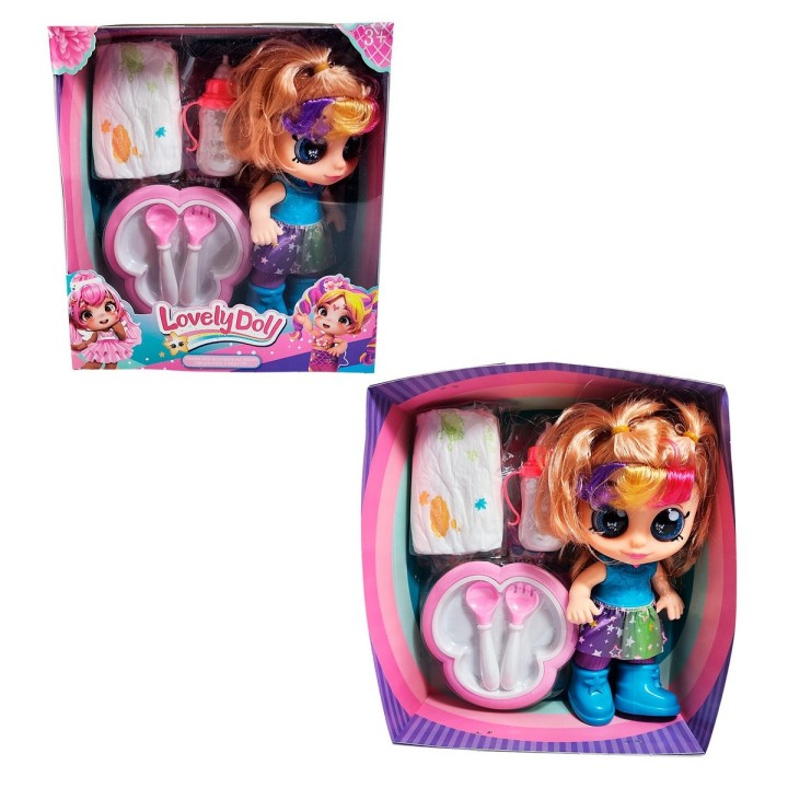 Muñeca Bebe Arcoiris Ojos Expresivos Con Utencilios Y Tetero