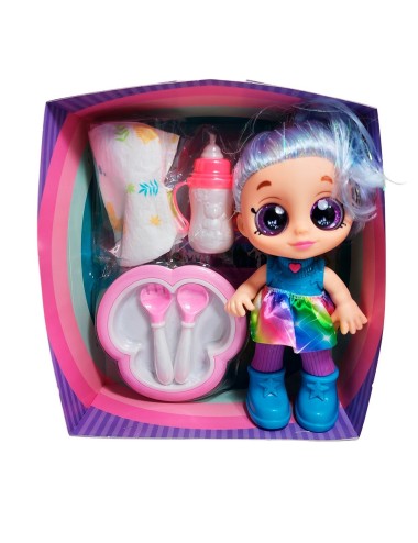 Muñeca Bebe Arcoiris Ojos Expresivos Con Utencilios Y Tetero