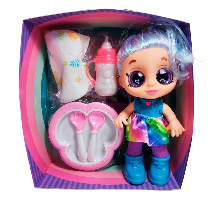 Muñeca Bebe Arcoiris Ojos Expresivos Con Utencilios Y Tetero
