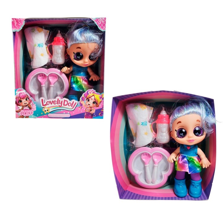 Muñeca Bebe Arcoiris Ojos Expresivos Con Utencilios Y Tetero