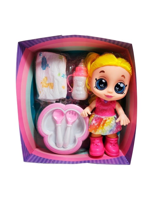 Muñeca Bebe Arcoiris Ojos Expresivos Con Utencilios Y Tetero