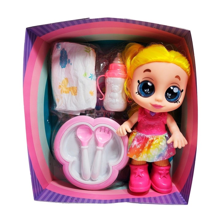 Muñeca Bebe Arcoiris Ojos Expresivos Con Utencilios Y Tetero