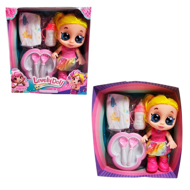 Muñeca Bebe Arcoiris Ojos Expresivos Con Utencilios Y Tetero