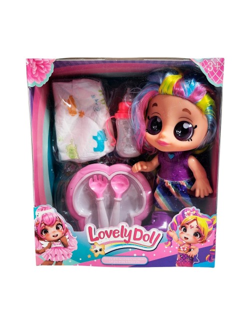 Muñeca Bebe Arcoiris Ojos Expresivos Con Utencilios Y Tetero