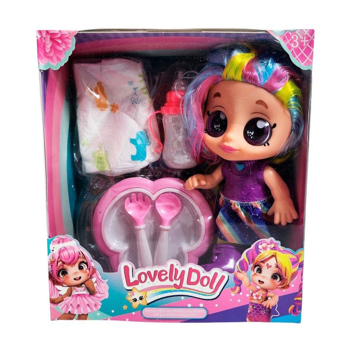 Muñeca Bebe Arcoiris Ojos Expresivos Con Utencilios Y Tetero