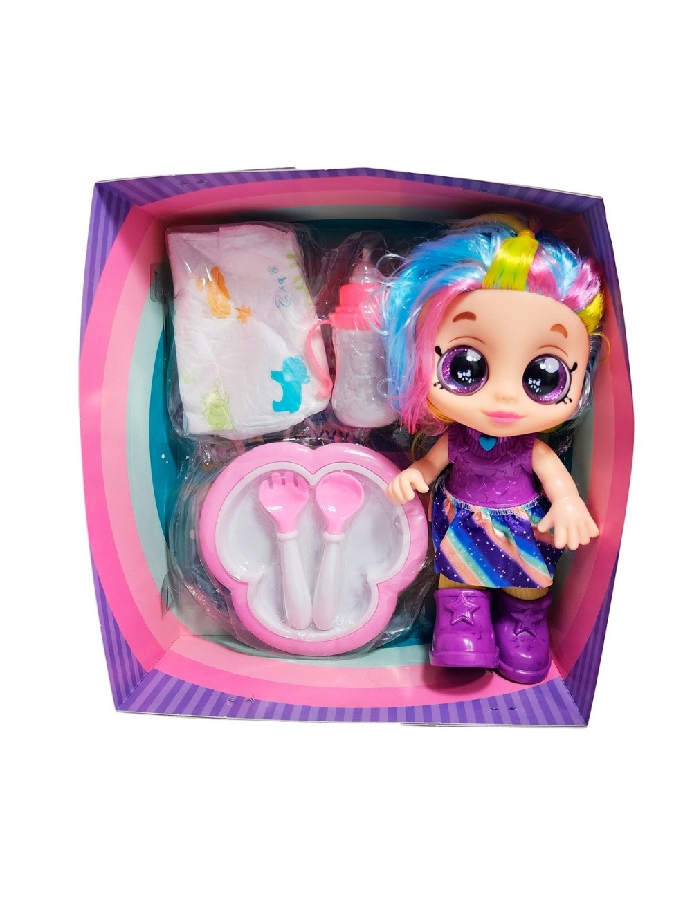 Muñeca Bebe Arcoiris Ojos Expresivos Con Utencilios Y Tetero