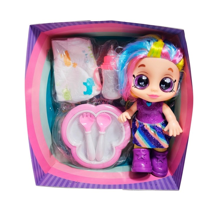 Muñeca Bebe Arcoiris Ojos Expresivos Con Utencilios Y Tetero