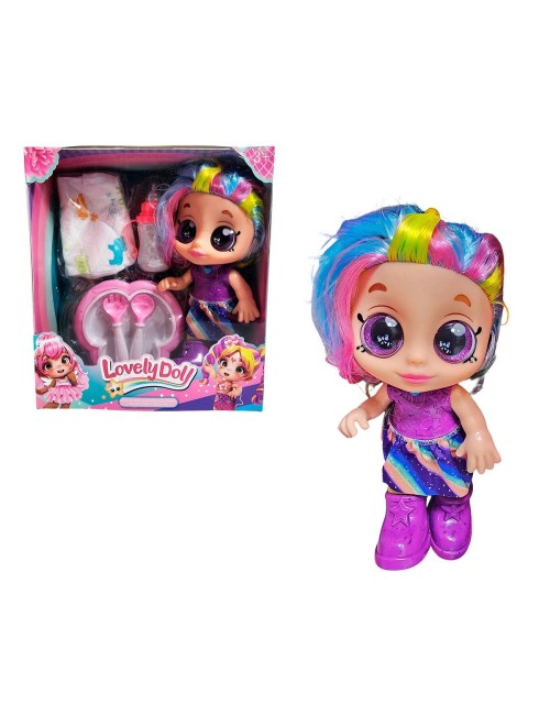 Muñeca Bebe Arcoiris Ojos Expresivos Con Utencilios Y Tetero