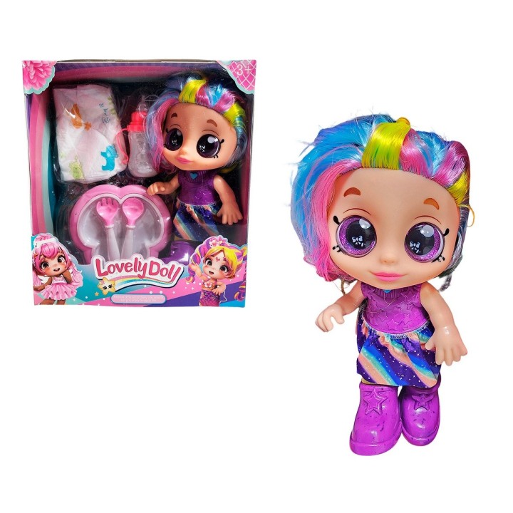 Muñeca Bebe Arcoiris Ojos Expresivos Con Utencilios Y Tetero