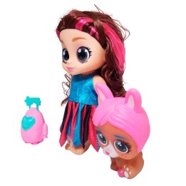 Muñeca Ojos Expresivos Con Mascota Y Maleta Juguete Niñas