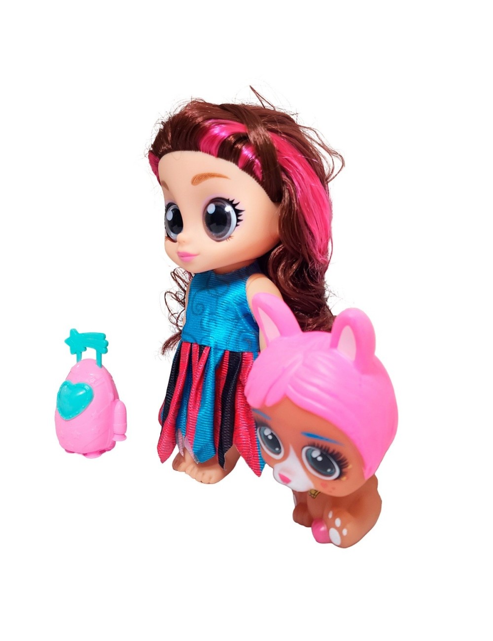 Muñeca Ojos Expresivos Con Mascota Y Maleta Juguete Niñas