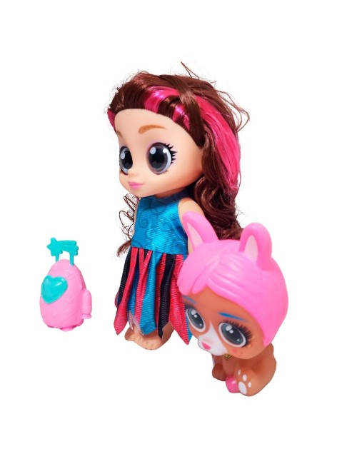 Muñeca Ojos Expresivos Con Mascota Y Maleta Juguete Niñas
