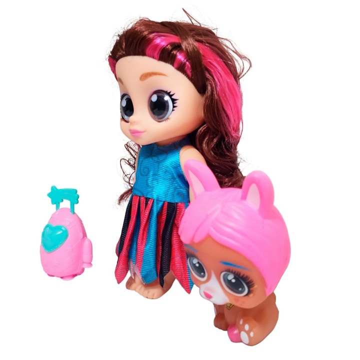 Muñeca Ojos Expresivos Con Mascota Y Maleta Juguete Niñas