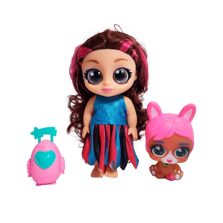 Muñeca Ojos Expresivos Con Mascota Y Maleta Juguete Niñas