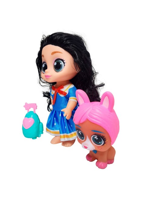 Muñeca Ojos Expresivos Con Mascota Y Maleta Juguete Niñas