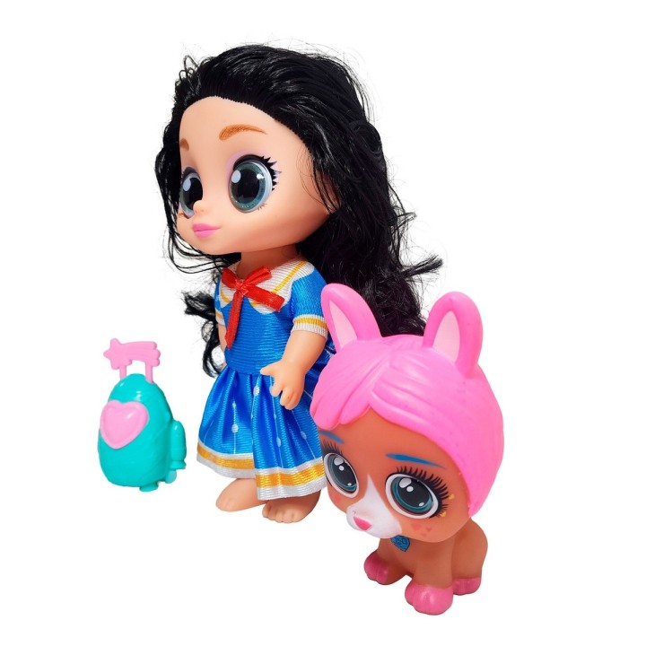 Muñeca Ojos Expresivos Con Mascota Y Maleta Juguete Niñas