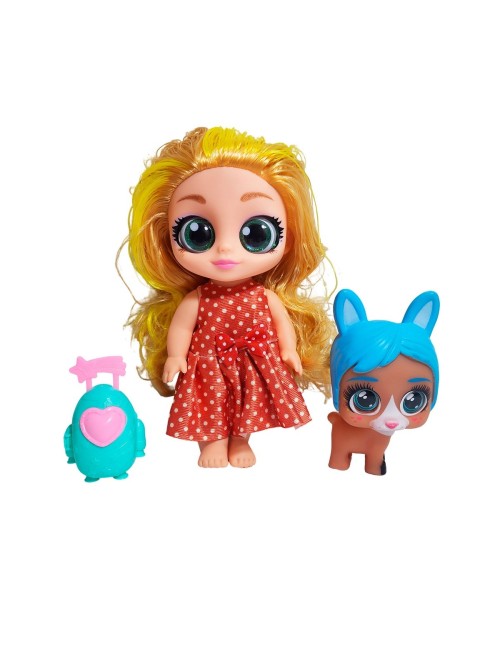 Muñeca Ojos Expresivos Con Mascota Y Maleta Juguete Niñas