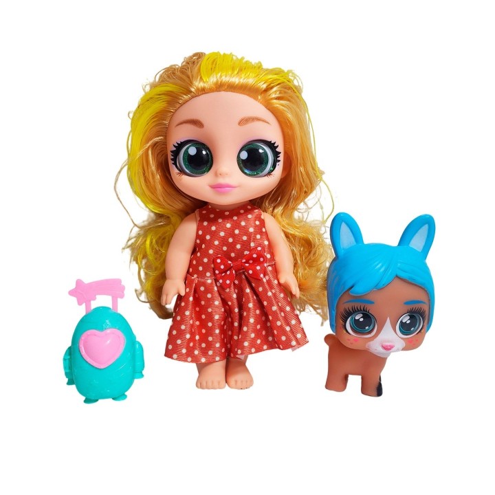 Muñeca Ojos Expresivos Con Mascota Y Maleta Juguete Niñas