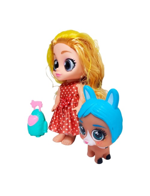 Muñeca Ojos Expresivos Con Mascota Y Maleta Juguete Niñas