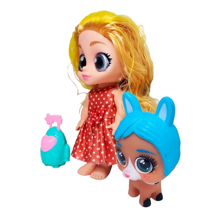 Muñeca Ojos Expresivos Con Mascota Y Maleta Juguete Niñas