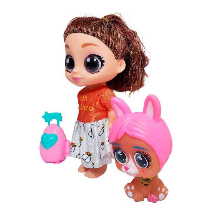 Muñeca Ojos Expresivos Con Mascota Y Maleta Juguete Niñas