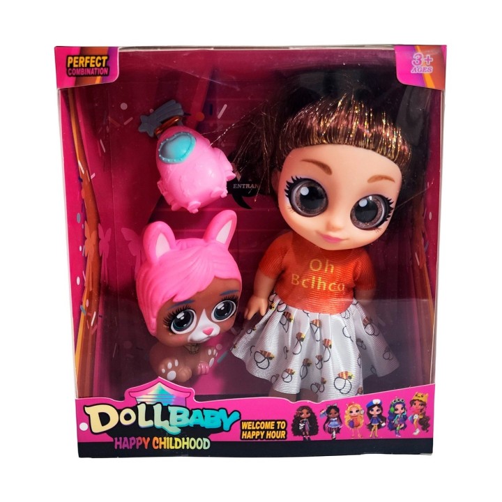 Muñeca Ojos Expresivos Con Mascota Y Maleta Juguete Niñas