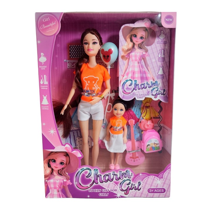Muñeca Madre E Hija Vestidos Iguales + Accesorios Juguete