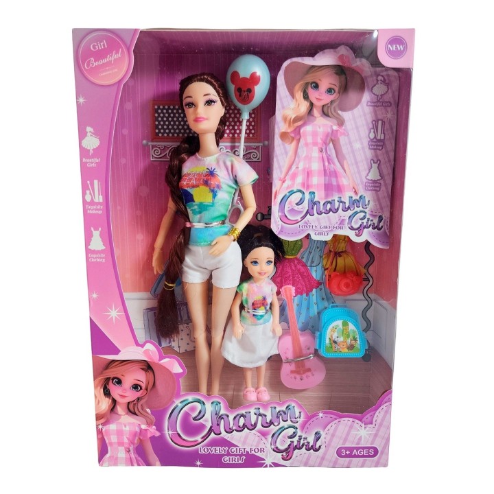 Muñeca Madre E Hija Vestidos Iguales + Accesorios Juguete