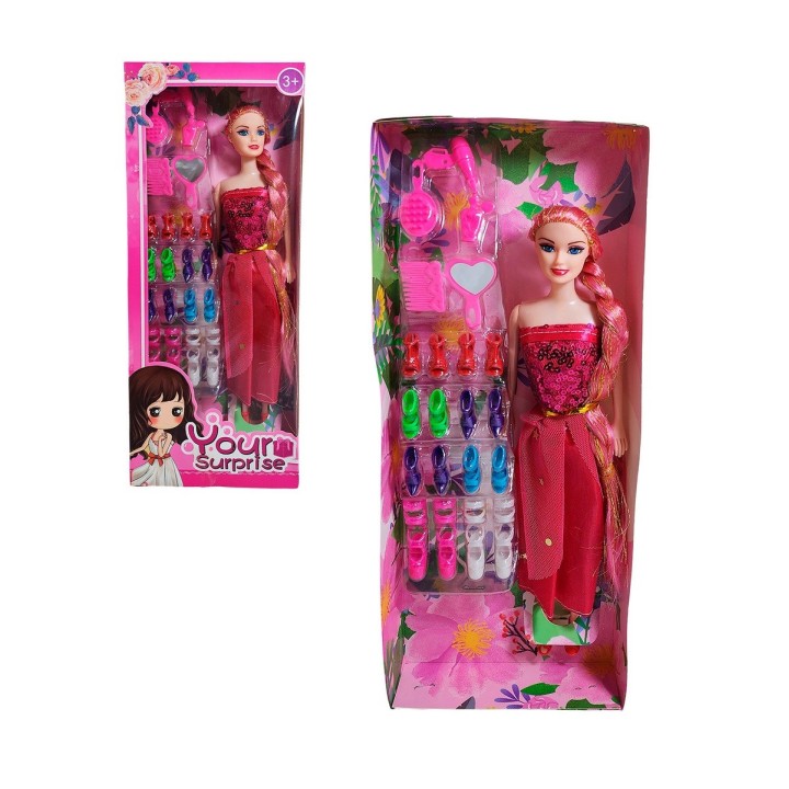 Muñeca Con Vestido Elegante + Set De Zapatos Juguete Niñas