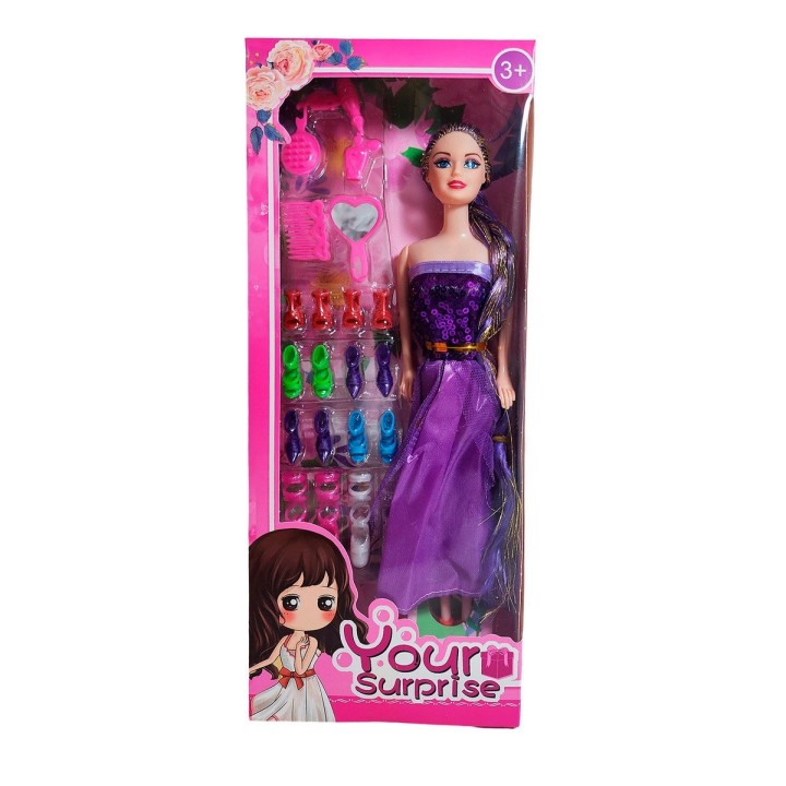 Muñeca Con Vestido Elegante + Set De Zapatos Juguete Niñas