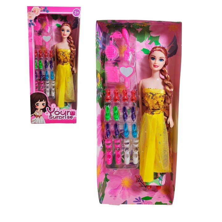 Muñeca Con Vestido Elegante + Set De Zapatos Juguete Niñas