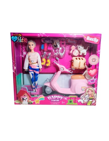 Muñeca Con Mascota Accesorios + Motocicleta De Juguete Niñas