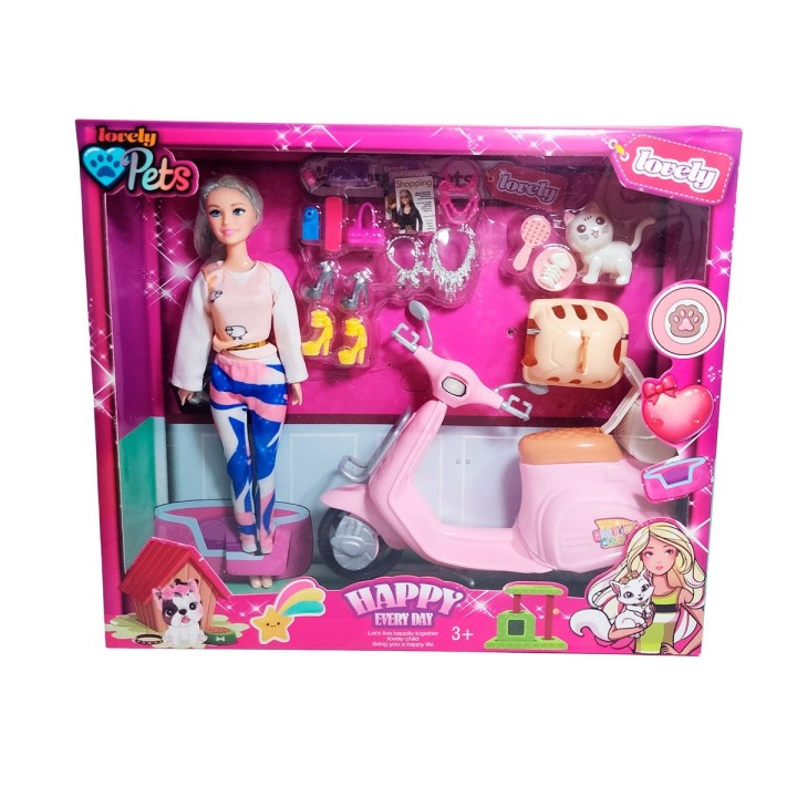 Muñeca Con Mascota Accesorios + Motocicleta De Juguete Niñas