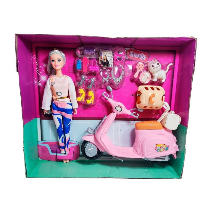 Muñeca Con Mascota Accesorios + Motocicleta De Juguete Niñas