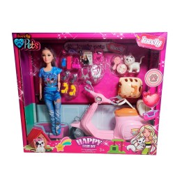 Muñeca Con Mascota Accesorios + Motocicleta De Juguete Niñas