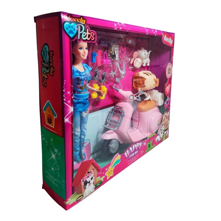 Muñeca Con Mascota Accesorios + Motocicleta De Juguete Niñas