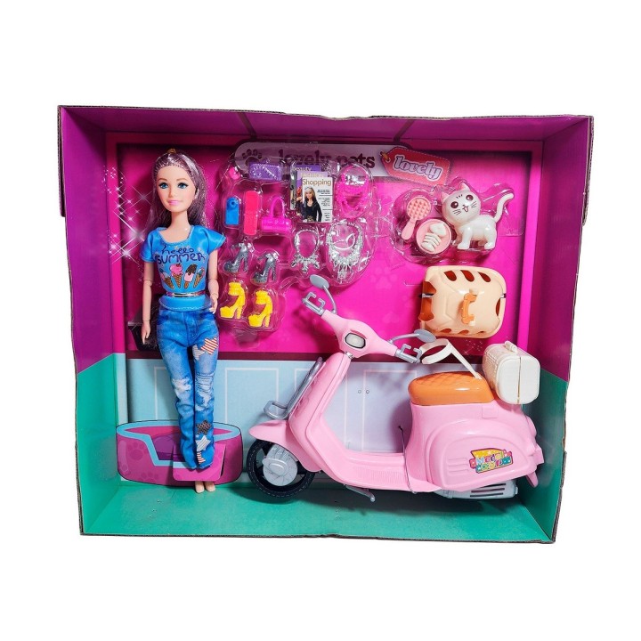 Muñeca Con Mascota Accesorios + Motocicleta De Juguete Niñas
