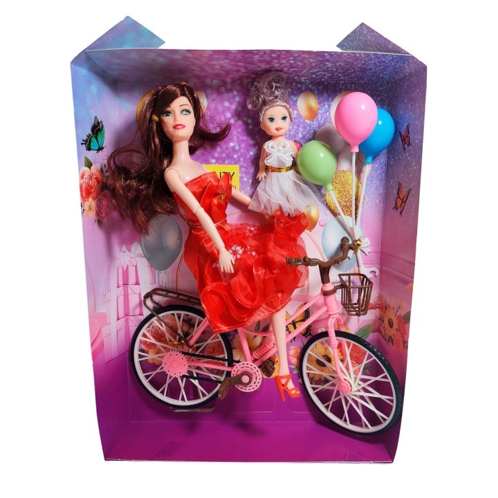 Muñeca Con Hija En Bicicleta + Globos De Juguete Niñas