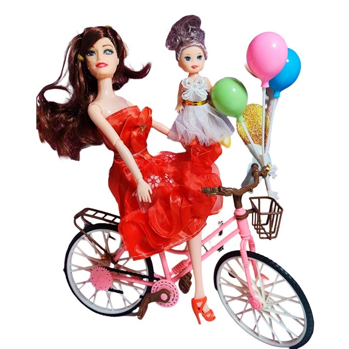Muñeca Con Hija En Bicicleta + Globos De Juguete Niñas